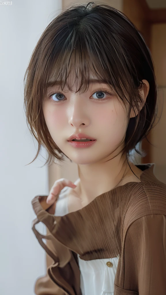Stylish long sleeve dress、Tabletop、(White wall in the background)、In front of the white door、avert your eyes、single eyelid、Berry Short、((Highest quality、8k、masterpiece:1.3))、Ultra-high resolution、(photoGenuineistic:1.4)、RAW Photos、30-year-old woman、Japanese,(face)、Genuine、Photographed in natural light、Highly detailed face and skin texture、Highly detailed lips、The correct state of the human body、short hair、Shortcuts、Brown Hair、short hair、Various poses、Natural color lip、Fluffy hair