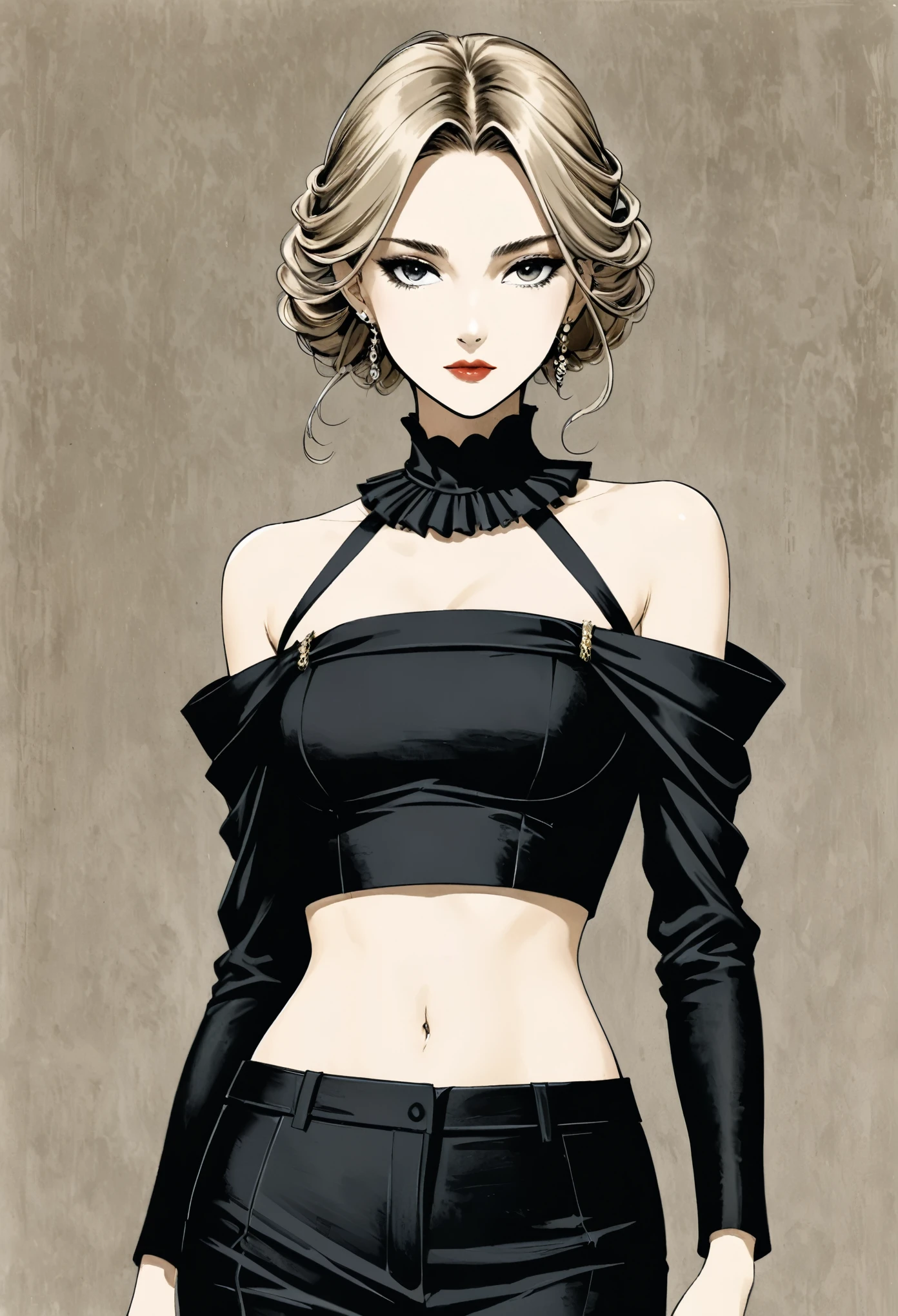 in style of Santiago Caruso,in style of Hans Hartung,in style of Carolina Herrera
1 girl,character concept design,(gravure_pose:1.3),noble,elegant,absurdres,{cowboy_shot:1.5},parcel shoulder micro top