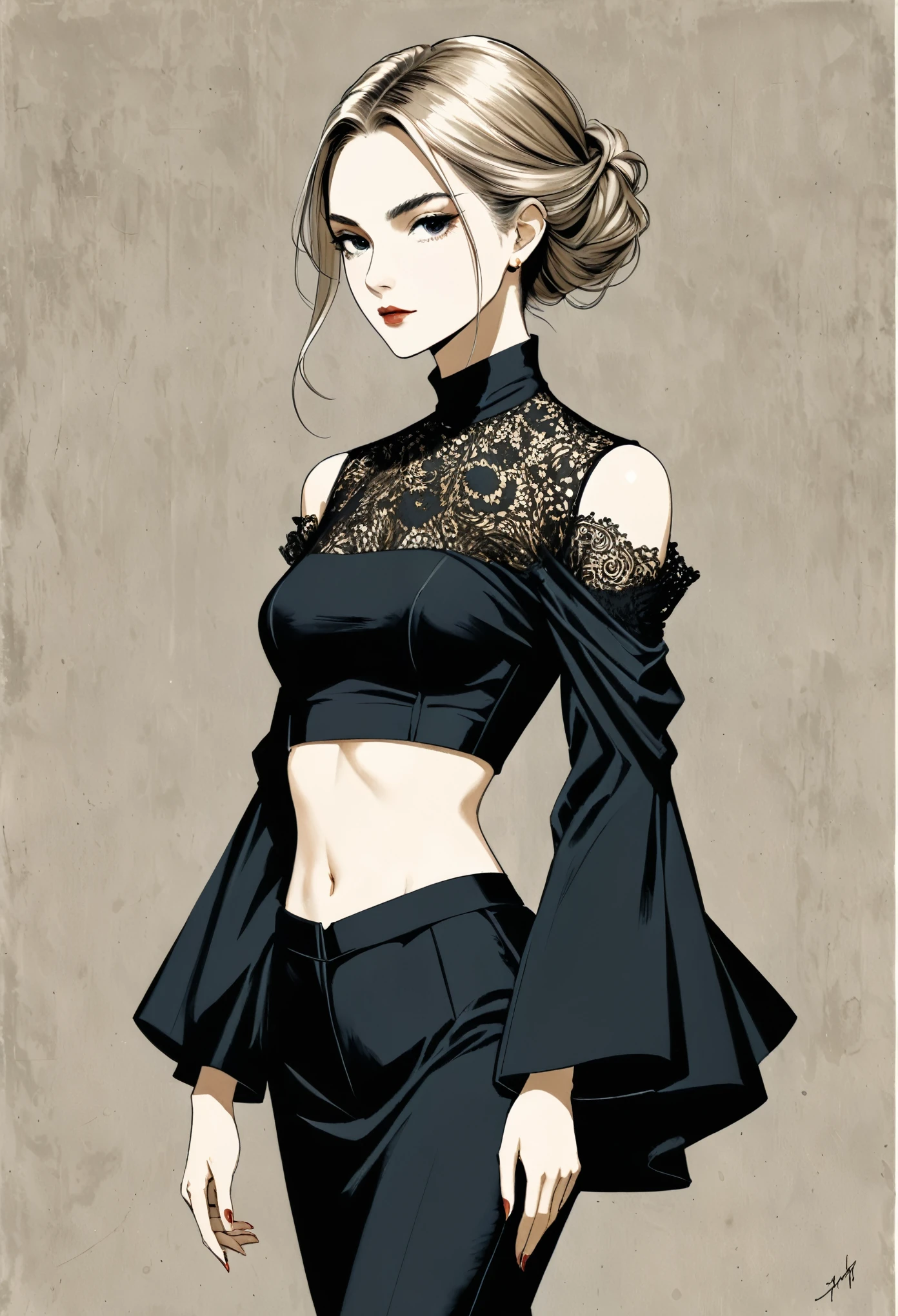 in style of Santiago Caruso,in style of Hans Hartung,in style of Carolina Herrera
1 girl,character concept design,(gravure_pose:1.3),noble,elegant,absurdres,{cowboy_shot:1.5},parcel shoulder micro top