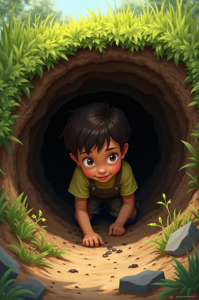a boy trying to go under the earth