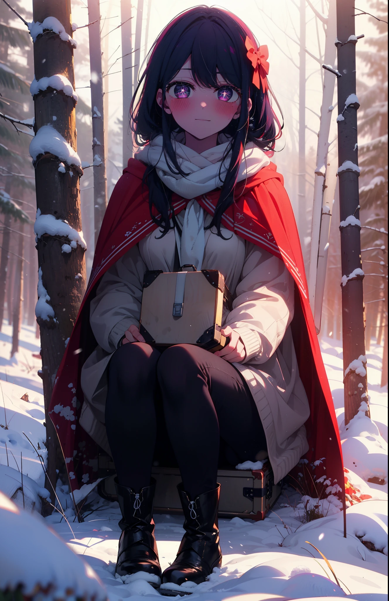 aihoshino, Ai Hoshino, Long Hair, bangs, (Purple eyes:1.1), Purple Hair, (Symbol-shaped pupil:1.5), smile,,smile,blush,white breath,
Open your mouth,snow,Ground bonfire, Outdoor, boots, snowing, From the side, wood, suitcase, Cape, Blurred, , forest, White handbag, nature, Squat, Mouth closed, Cape, winter, Written boundary depth, Black shoes, red Cape break looking at viewer, Upper Body, whole body, break Outdoor, forest, nature, break (masterpiece:1.2), Highest quality, High resolution, unity 8k wallpaper, (shape:0.8), (Beautiful and beautiful eyes:1.6), Highly detailed face, Perfect lighting, Highly detailed CG, (Perfect hands, Perfect Anatomy),