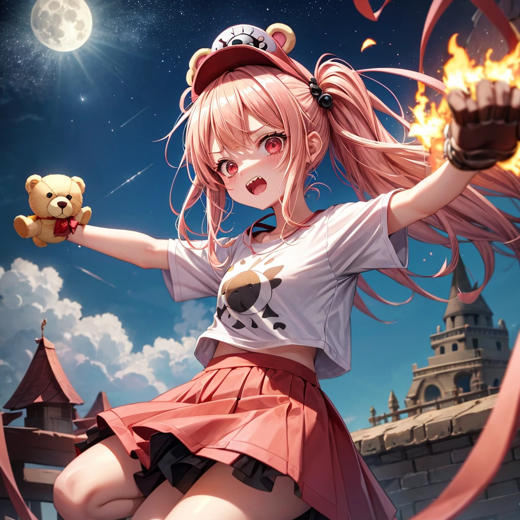 Pink Blonde、Red eyes、Hair tied up、One cute girl、solo、And soul、Checked mini skirt、black t-shirts、one piece、bear ears baseball cap、large tree、Thundercloud、Burning Full Moon、desert、Iron ore piles up、Teeth are visible、Fortress City、Tilting face、Starry Sky、firework、A teddy bear is jumping