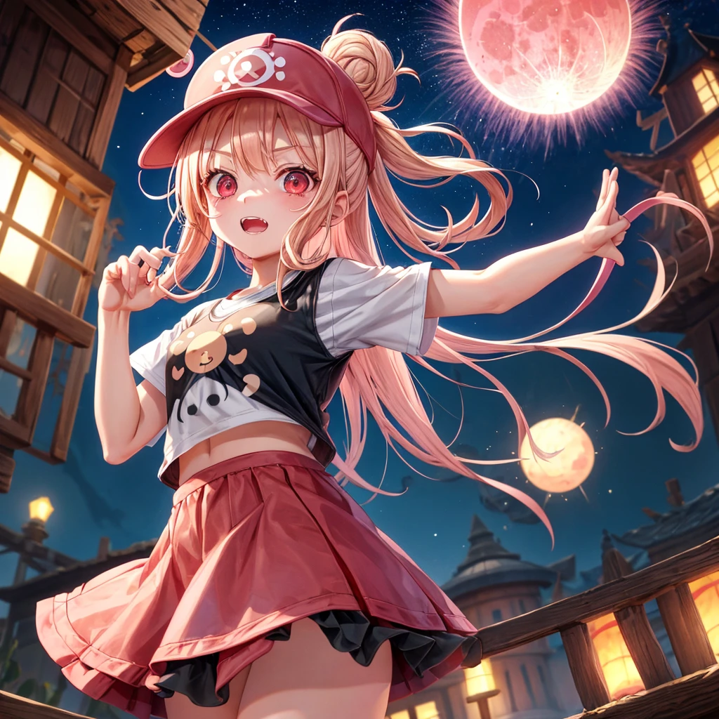 Pink Blonde、Red eyes、Hair tied up、One cute girl、solo、And soul、Checked mini skirt、black t-shirts、one piece、bear ears baseball cap、large tree、Thundercloud、Burning Full Moon、desert、Iron ore piles up、Teeth are visible、Fortress City、Tilting face、Starry Sky、firework、A teddy bear is jumping