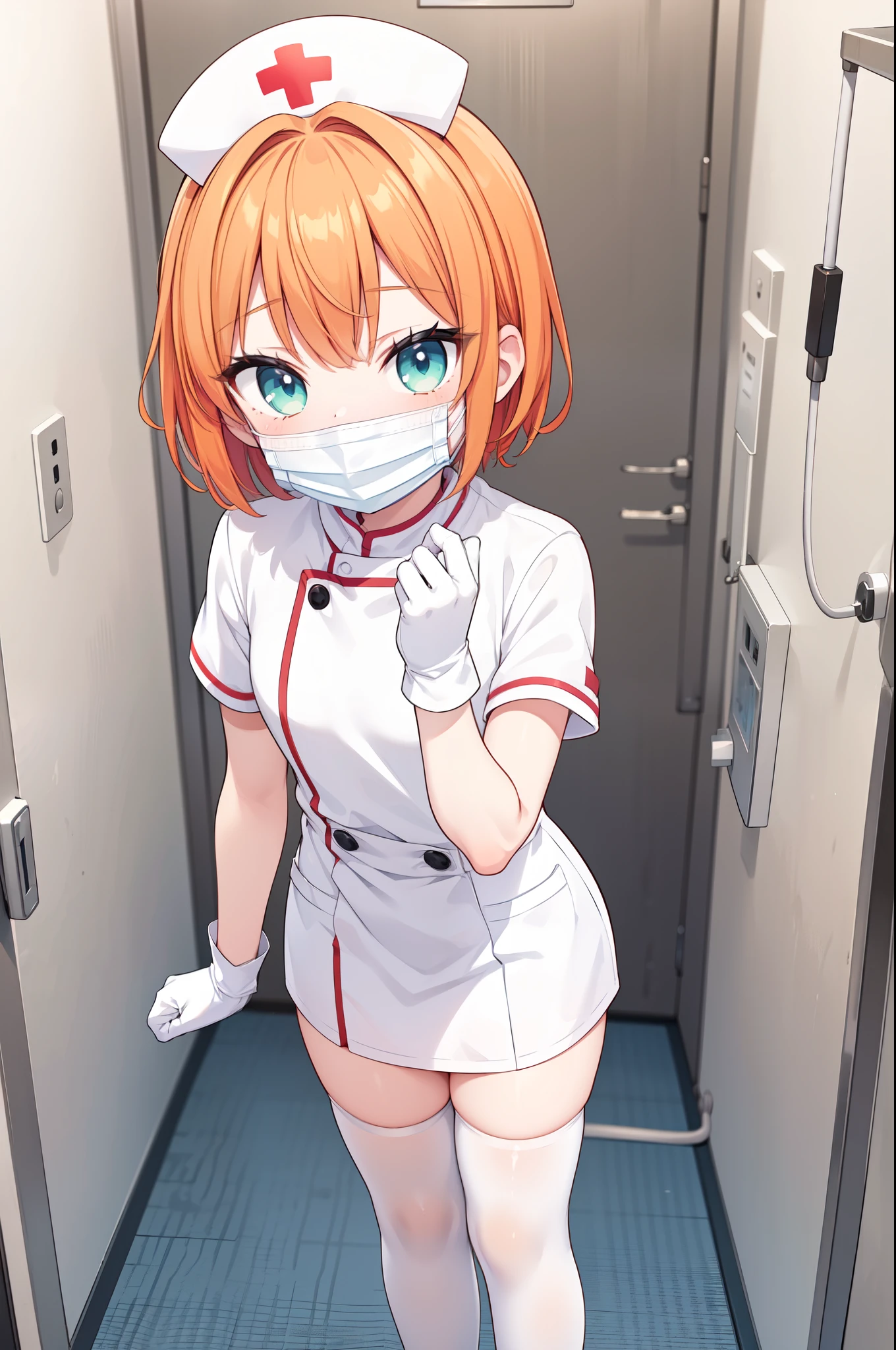 1boy, solo, male focus, nurse, white nurse cap, white nurse uniform, ((white legwear, zettai ryouiki)), white gloves, short hair, orange hair, ((white surgical mask, covered nose)), standing, ((hospital room)), sharp outline, short sleeves, shota, , best quality, masterpiece