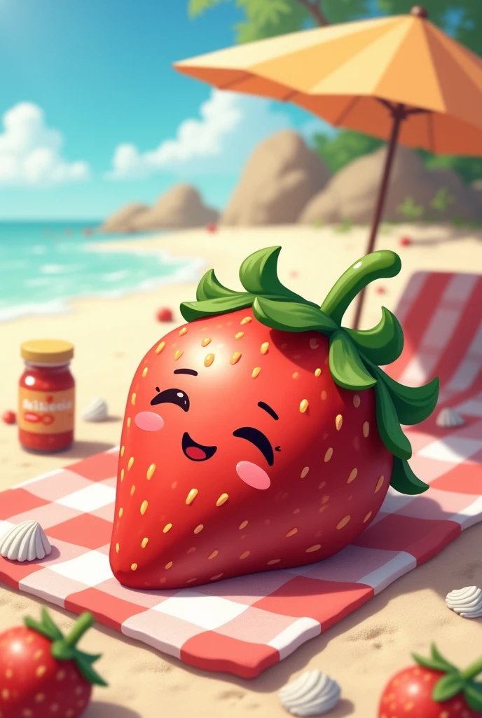 Strawberry with a face lying on a towel sunbathing on the beach with a jar of jam next to it, with some shells in the sand, an umbrella drinking a Milkeis and with an umbrella and with various fruits around it 