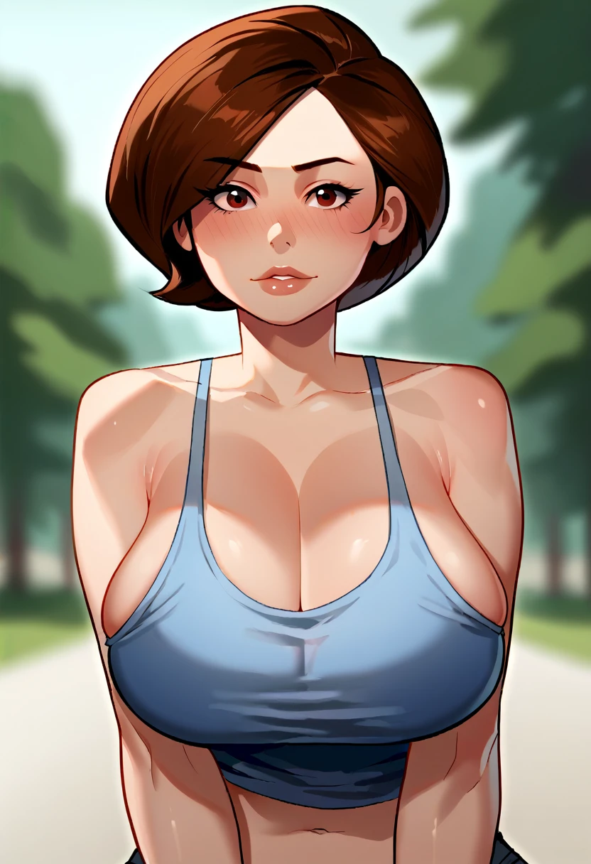 score_9, score_7_up 1girl, solo, (helen parr):0.8, tank top, large breasts, bursting breasts, mature female, portrait, depth of field