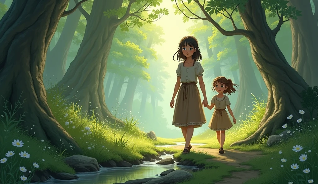 A beautiful 17 year old peasant girl named Nikki and her younger 9 year old sister named Ruby are walking in the forest.
Nikki's height is 164-167 cm.
Ruby's height is 115-120 cm.