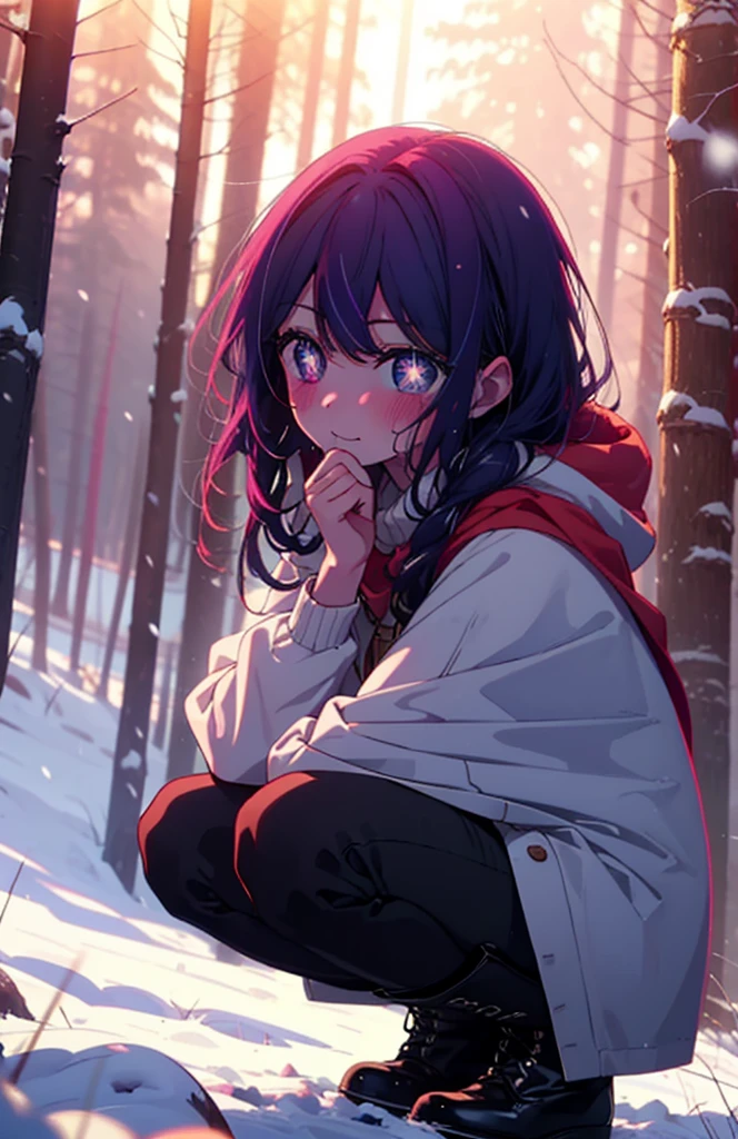 aihoshino, Ai Hoshino, Long Hair, bangs, (Purple eyes:1.1), Purple Hair, (Symbol-shaped pupil:1.5), smile,,smile,blush,white breath,
Open your mouth,snow,Ground bonfire, Outdoor, boots, snowing, From the side, wood, suitcase, Cape, Blurred, , forest, White handbag, nature, Squat, Mouth closed, Cape, winter, Written boundary depth, Black shoes, red Cape break looking at viewer, Upper Body, whole body, break Outdoor, forest, nature, break (masterpiece:1.2), Highest quality, High resolution, unity 8k wallpaper, (shape:0.8), (Beautiful and beautiful eyes:1.6), Highly detailed face, Perfect lighting, Highly detailed CG, (Perfect hands, Perfect Anatomy),