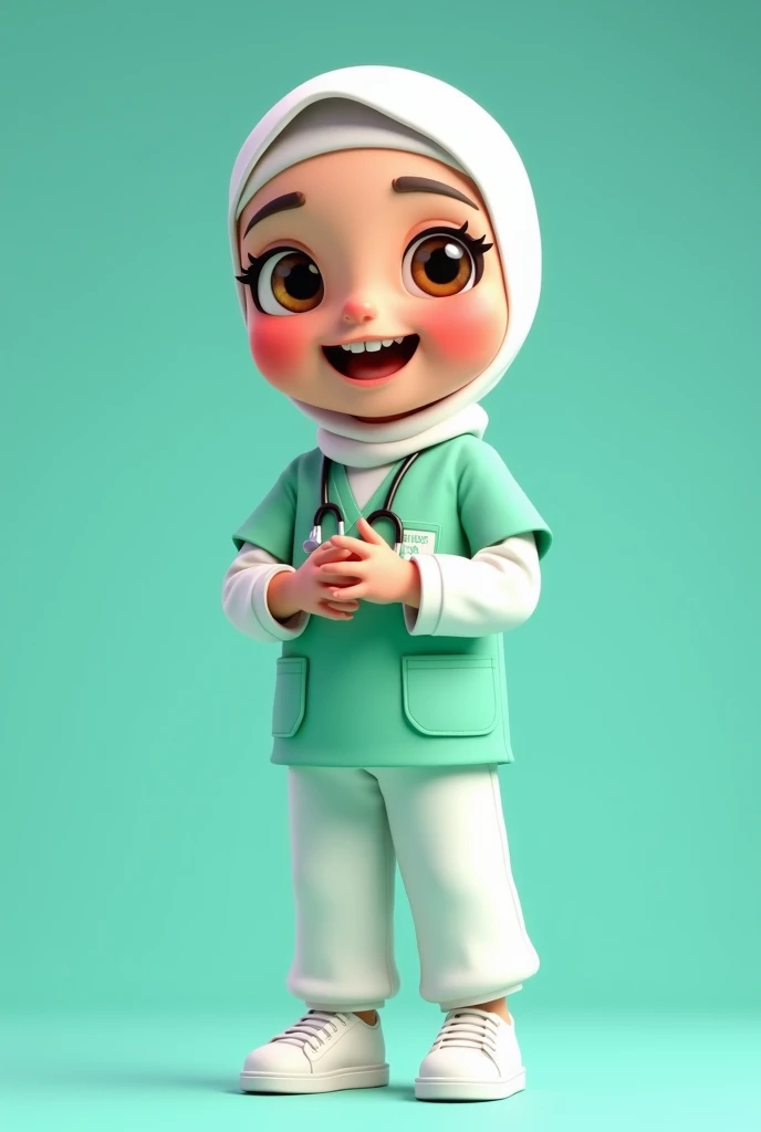 Create an 4D realistic animated character named [Suster], designed to be the iconic mascot for Clinic health of Sidoarjo, in the style of cartoon pixar movie animation. [Suster] is a 20 yo charming cute shrimp with a unique twist —he has human-like arms and legs. Her large, round brown eyes are full of energy and friendliness, inviting everyone to engage with her. Suster wears  full hijab and the realistic shrimp antenne seem out from hijab, and a light green muslim doctor with the name " PKM--URANGAGUNG" proudly displayed across the chest, His feet are clad in bright white canvas sandals, adding a playful and youthful vibe to his appearance.  The overall design should exude warmth, approachability, and a sense of pride in representing the vibrant city of Sidoarjo. A cheerful cartoon Suster character with pose  stands in a dynamic pose, make the character's hands clasped to indicate appreciation and respect for the audience. smile with the upper teeth only slightly visible. while its legs are clad in long white culottes and white sneakers. The background is a soft turquoise, enhancing the lively and playful vibe of the character.