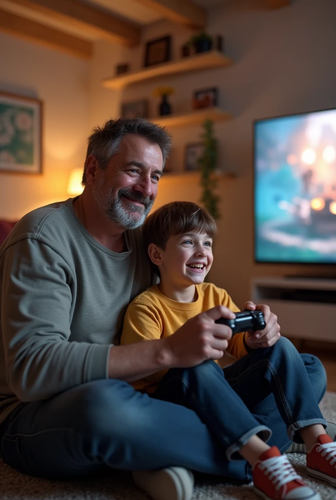 Vertical image, father and son playing video games