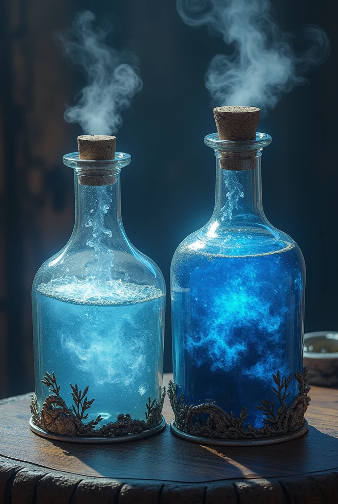 A Potion with a Pale, icy blue with a faint white mist that rises from the surface & An another potion with a Dark gray with flashes of bright blue, like a stormy sky captured in liquid form.








