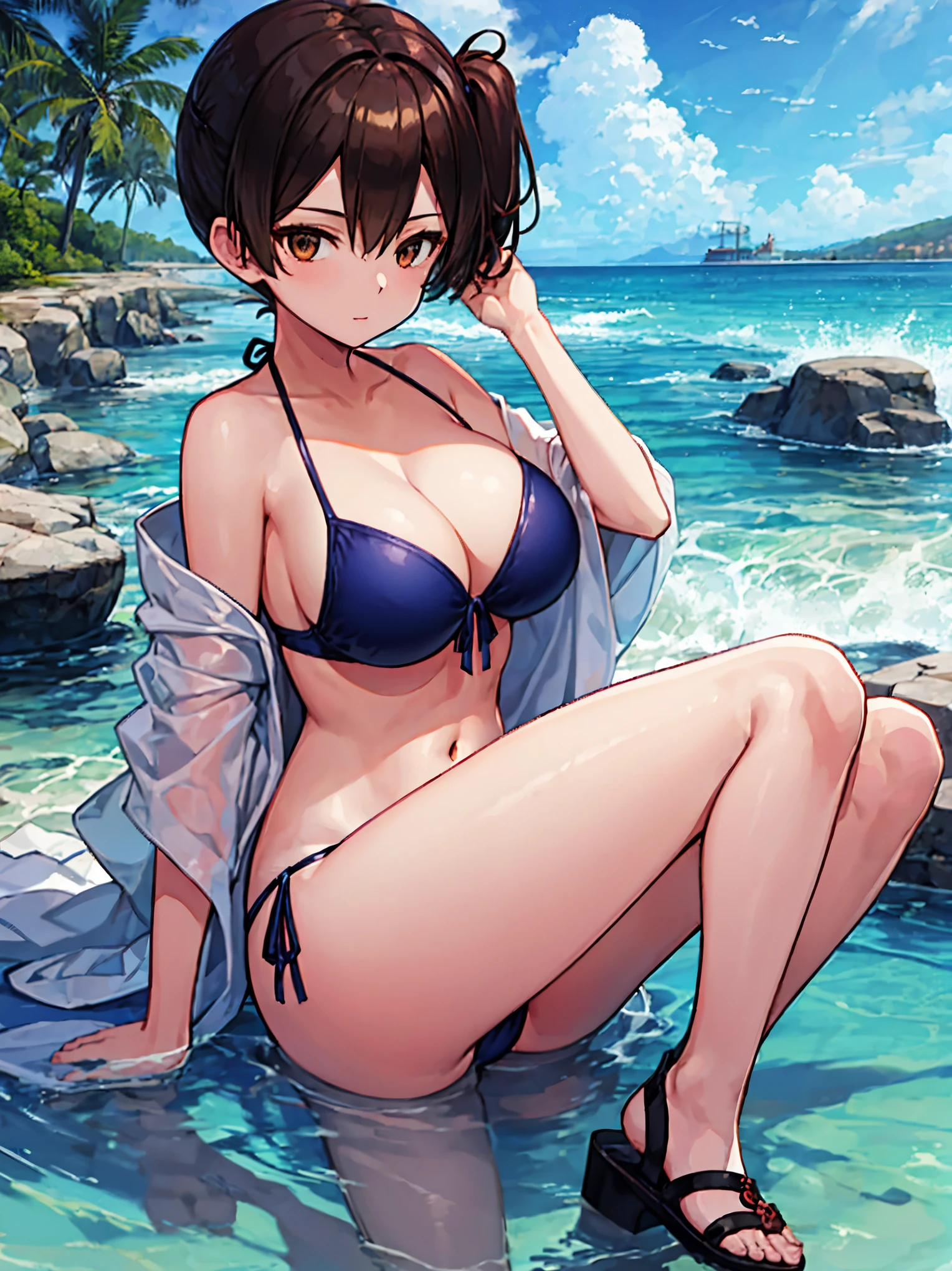 Beautiful illustration、top-quality、Kaga_kantaicollection
brown_hair, Side_Ponytail, brown_Eyes, Short_hair, (big_breasts:1.5) long_hair、Blue Bikini、 coast_landscape,(abs:0.5),navel,solo,(light_smile:0.6),(solo:1.5)。sandals,