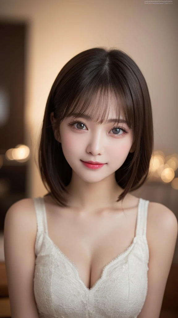 Tabletop, Highest quality, shape, Very detailed, finely, High resolution, 8k wallpaper, Perfect dynamic composition, Beautiful and detailed, Small breasts, Natural color lip,smile、20-year-old girl、Perfect and beautiful face,Big eyes、Actual Photos（Best image quality）、Looking into the camera、Putting on gal makeup,Blurred Background