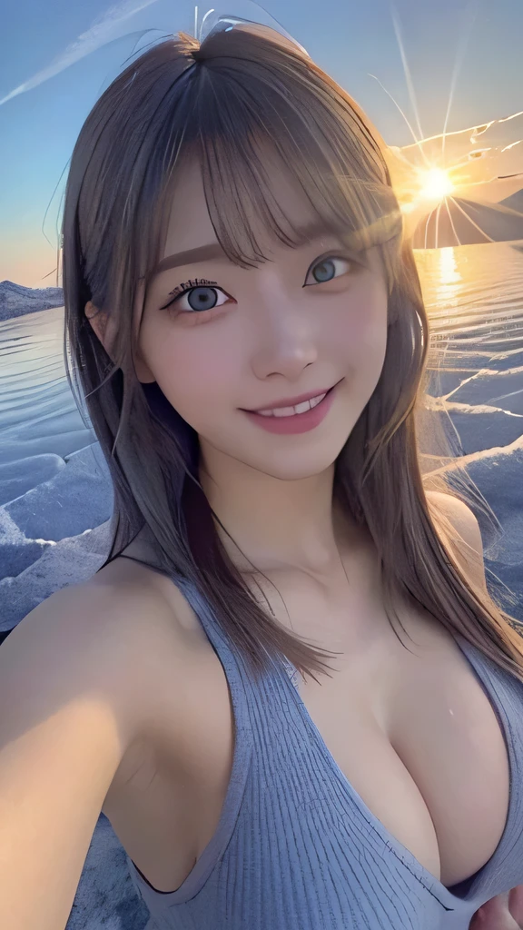 1 girl, masterpiece, Very detailed, (Beautiful and delicate shine), Lens flare, Gray Hair, Medium Long Hair, Floating Hair, think return, return, return, smile, blue eyes, Big Breasts, Upper Body, Wide Shot , ((Uyuni salt lake)), sunrise, cloud, returnlight, Purple Sky, Yellow Sky, Gradient Sky,Huge breasts,Looking at the audience,Detailed eyes,Detailed eyelashes,smile