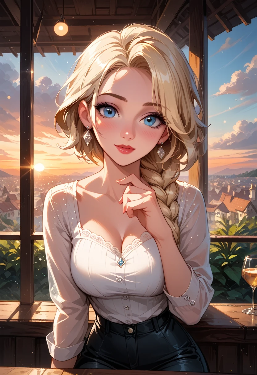 score_9, score_8_up, score_7_up, score_6_up, cinematic film still, 1girl, mature elsa (blonde hair, braid:1.1), tight_black_leather_pants, white_blouse, in a beautiful restaurant, on the balcony, (cinematic lighting:1.2),, (sunset:1.2), shallow depth of field, vignette, highly detailed, high budget, bokeh, cinemascope, moody, epic, gorgeous, film grain, grainy, CONCEPT_PovDating_ownwaifu, pov dating, pov across table, looking at viewer, upper body, sitting, flirting.