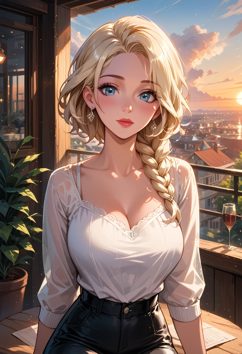 score_9, score_8_up, score_7_up, score_6_up, cinematic film still, 1girl, mature elsa (blonde hair, braid:1.1), tight_black_leather_pants, white_blouse, in a beautiful restaurant, on the balcony, (cinematic lighting:1.2),, (sunset:1.2), shallow depth of field, vignette, highly detailed, high budget, bokeh, cinemascope, moody, epic, gorgeous, film grain, grainy, CONCEPT_PovDating_ownwaifu, pov dating, pov across table, looking at viewer, upper body, sitting, in love.