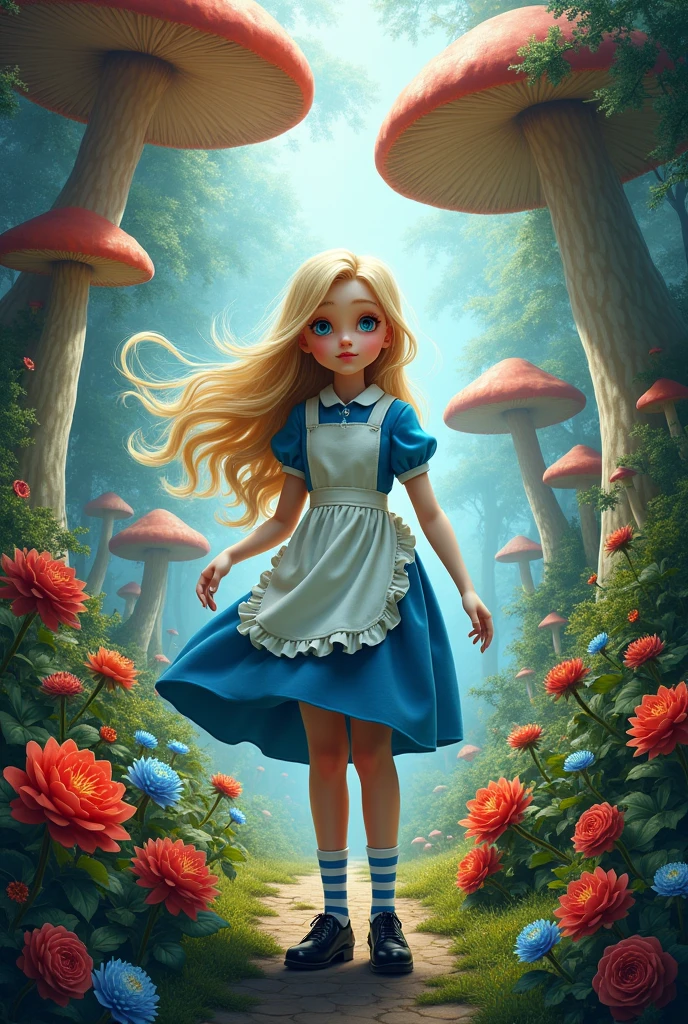 A movie poster, com uma de cabelos loiros e olhos blue, wearing a blue dress and a white apron, striped socks and black shoes, in a forest with giant mushrooms and red flowers, blue, roses and etc..