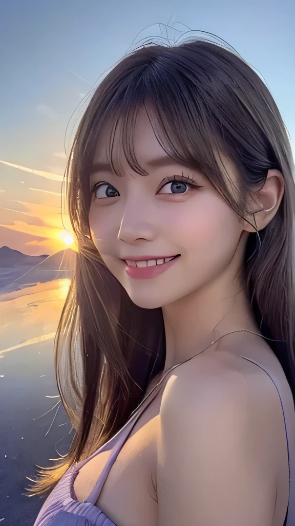 1 girl, masterpiece, Very detailed, (Beautiful and delicate shine), Lens flare, Gray Hair, Medium Long Hair, Floating Hair, think return, return, return, smile, blue eyes, Big Breasts, Upper Body, Wide Shot , ((Uyuni salt lake)), sunrise, cloud, returnlight, Purple Sky, Yellow Sky, Gradient Sky,Huge breasts,Looking at the audience,Detailed eyes,Detailed eyelashes,smile