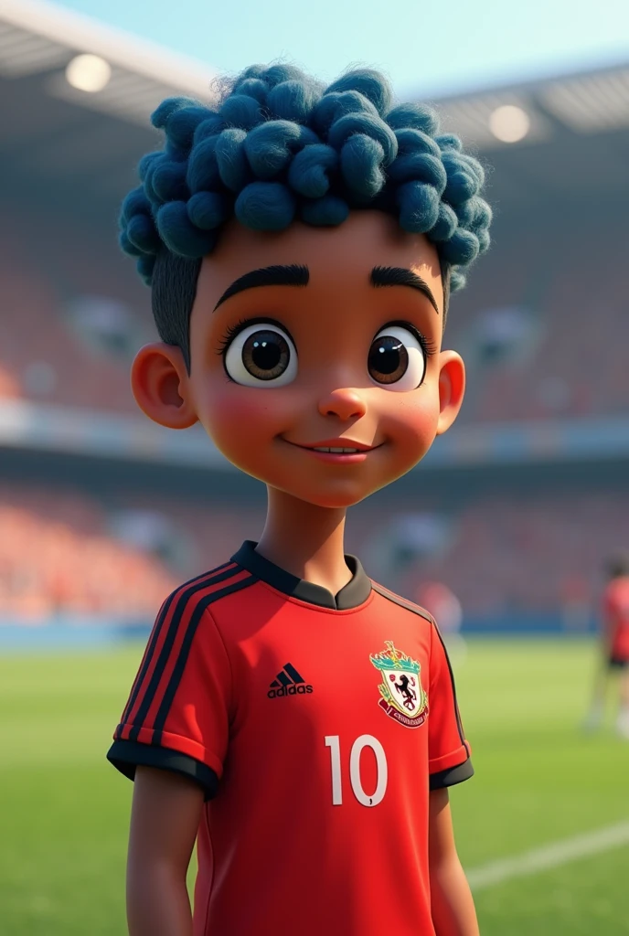 Create Disney Character, boy , short curly blue hair, dark shaped eyes , skin black, wearing the Flamengo uniform , red shirt with black stripes, short preto, shirt 10 ,full body and football background