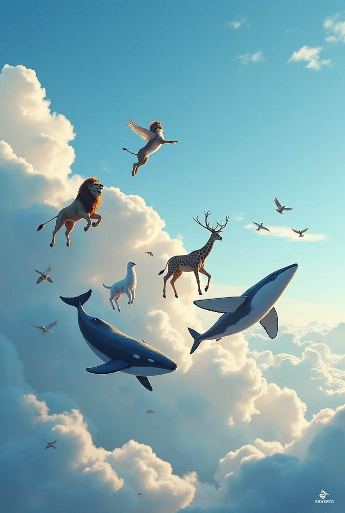 Lion、Deer、giraffe、elephant、Whales、Pigeons and other animals fly in the sky