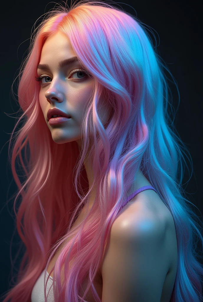 masterpiece, best quality, (realistic, highly detailed), iridescent multicolored hair,