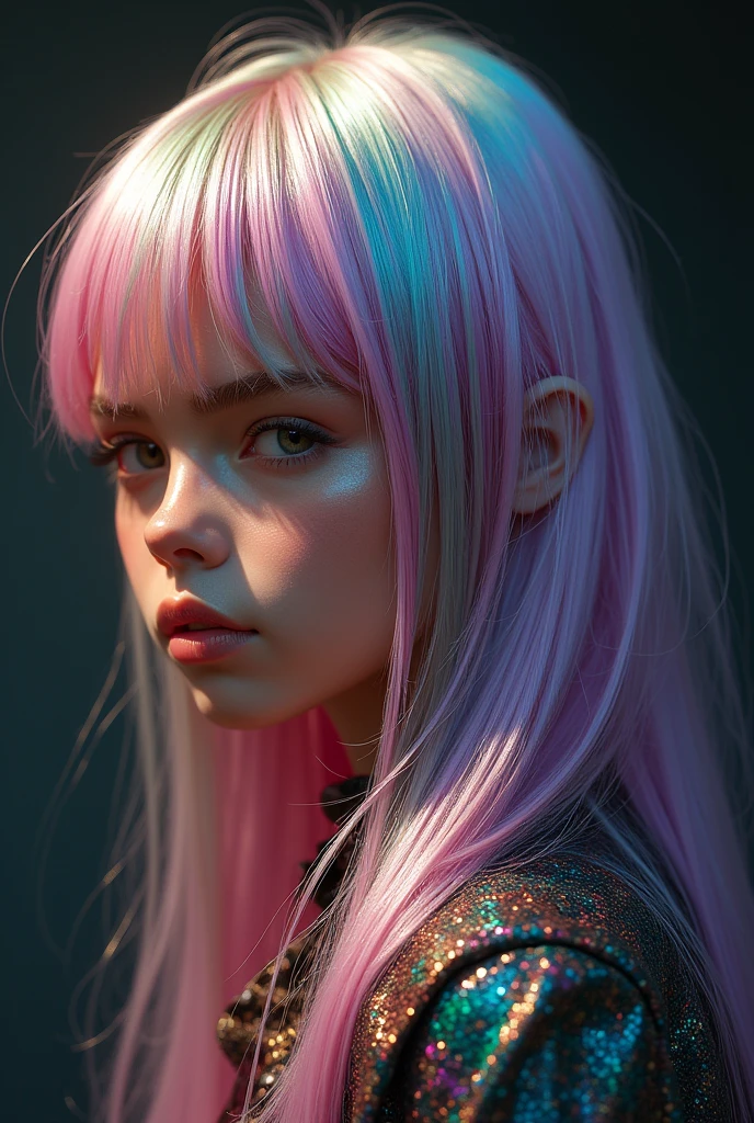 masterpiece, best quality, (realistic, highly detailed), iridescent multicolored hair,