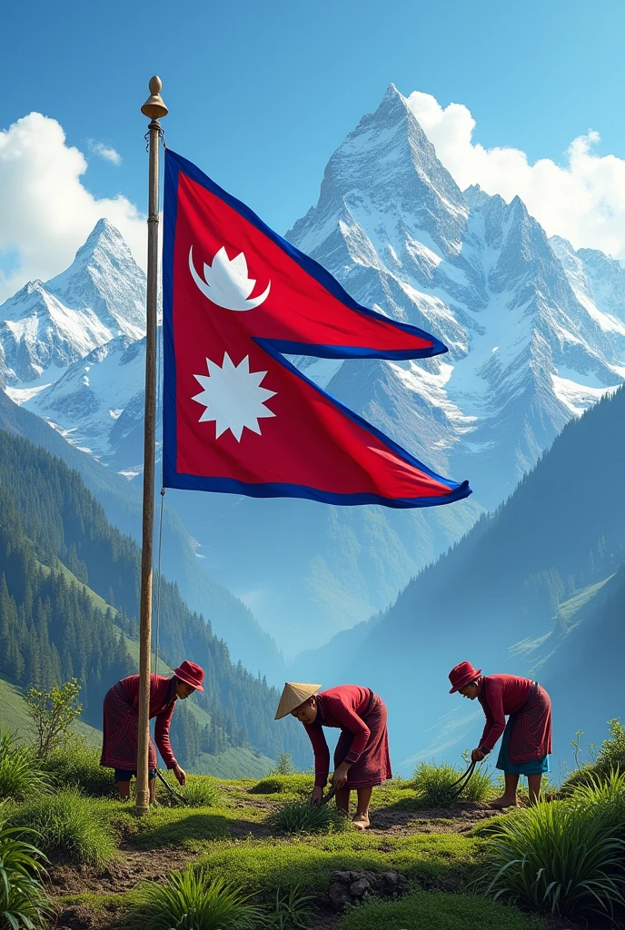 A nepali flag with mountains background and prople farming below mountains in horizontal for youtube thumbnails 