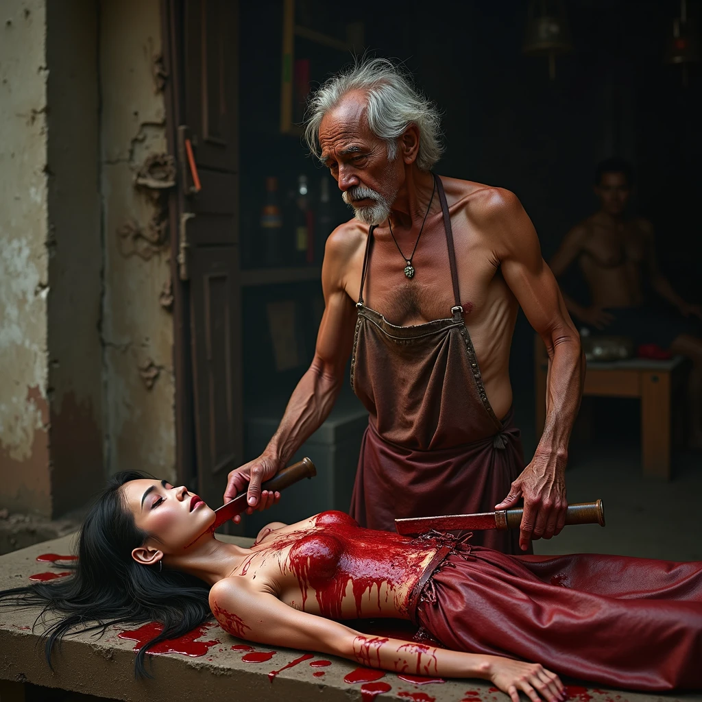 Crazy, horror, 17-year-old man, naked with an apron full of blood, bloody woman. The man has a machete and is splitting open the head. Human head being traded in a traditional market, on a top of table, human trafficking, bleeding, woman's head, open mouth, ((eyes closed)), bleeding, traditional market place background, photorealistic, 4K, Nikon, horror, public market, beautiful asian face