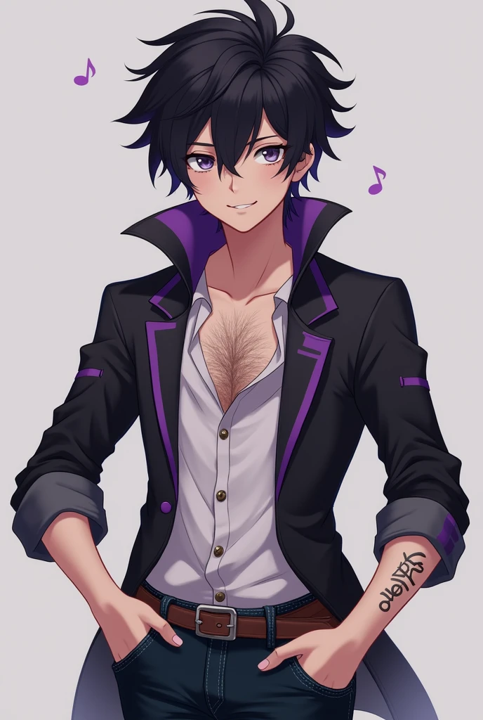 Boy with black hair and a break with purple barnacles and dark purple stripes with a saucy look with one hand on the waistband of his jeans and the other hand on his waistband