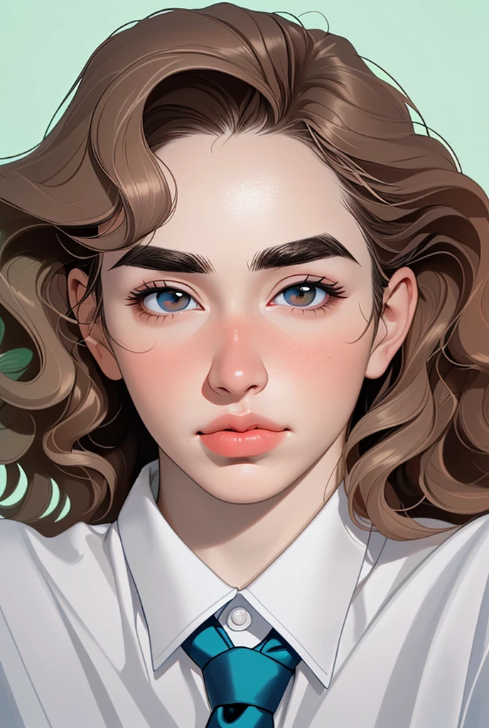 (photorealism:1.2), man, twenty years old, gray eyes, uncut wavy hair, brown hair, pale skin, weak post-acne on the cheeks, straight thin nose, plump lower lip, almond-shaped deep-set eyes, thick straight eyebrows, high forehead, high cheekbone
Clothing: white shirt with copper stripes, art tie
Parameters: portrait, blue-green background, front light
Posture: chin up, relaxed face,