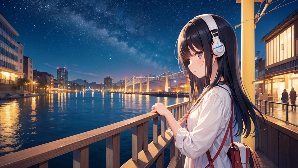 Enjoy boat racing at Suminoe Boat Races。A young girl with black hair wearing stylish clothes and headphones labeled "lo-fi" The girl is shown in profile, gazing into the distance with a calm, relaxed expression Background depicts the iconic scenery of Namba, Osaka at night, without any text on signs A starry night sky adding to the peaceful atmosphere Overall mood is quiet and serene, perfect for lo-fi music Detailed hair rendering and careful attention to the girl's fashionable outfit The entire scene should evoke a relaxing, introspective feeling associated with lo-fi music