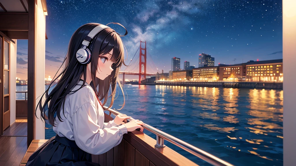 Enjoy boat racing at Suminoe Boat Races。A young girl with black hair wearing stylish clothes and headphones labeled "lo-fi" The girl is shown in profile, gazing into the distance with a calm, relaxed expression Background depicts the iconic scenery of Namba, Osaka at night, without any text on signs A starry night sky adding to the peaceful atmosphere Overall mood is quiet and serene, perfect for lo-fi music Detailed hair rendering and careful attention to the girl's fashionable outfit The entire scene should evoke a relaxing, introspective feeling associated with lo-fi music
