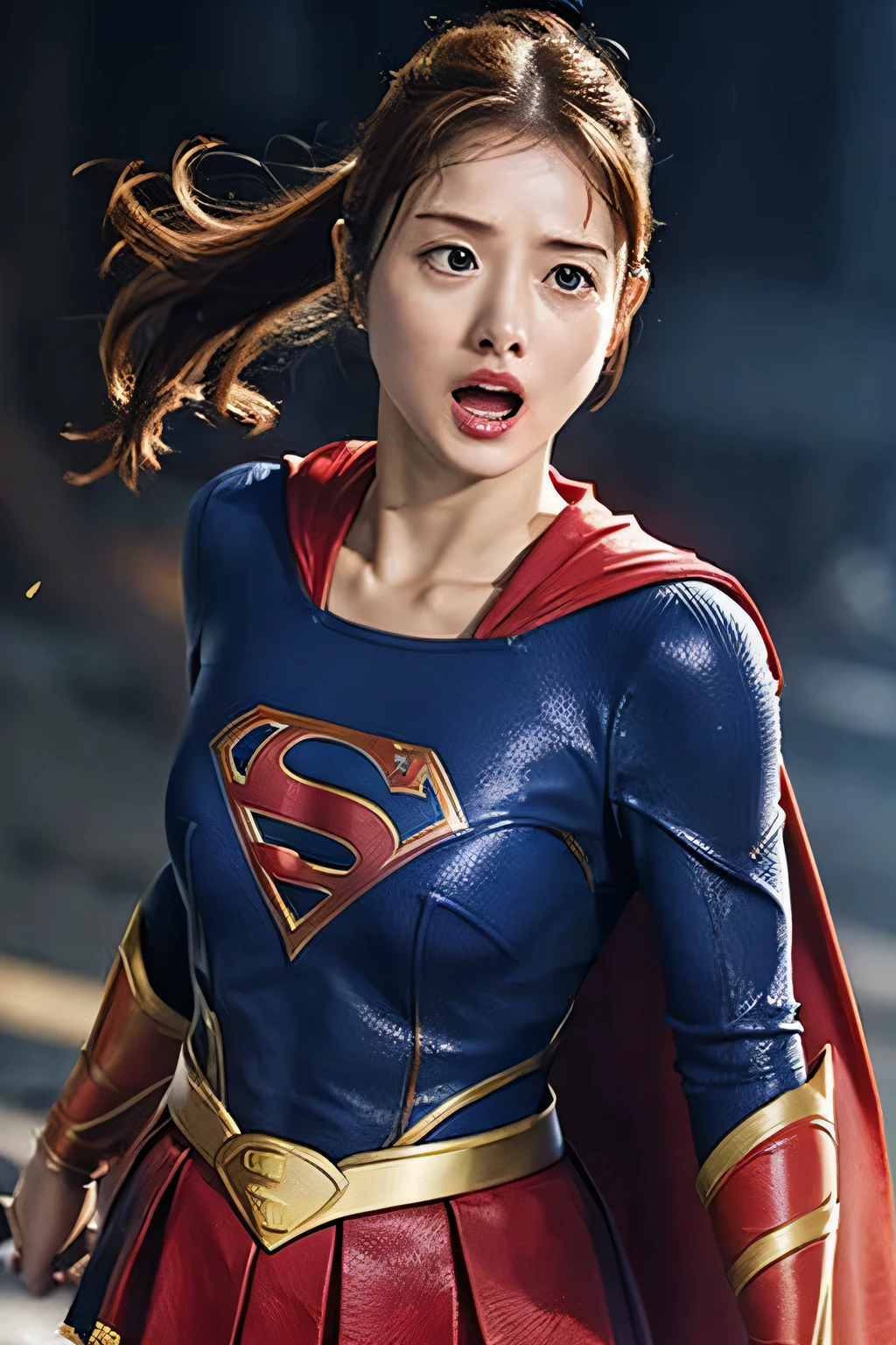 supergirl, Supergirl symbol on chest, Cape, Take an attack, Heavy damage, scream, I can see your pants, ponytail, battle, Attractive thighs, Sweat, battle用グローブ, Red Boots, outnumbered