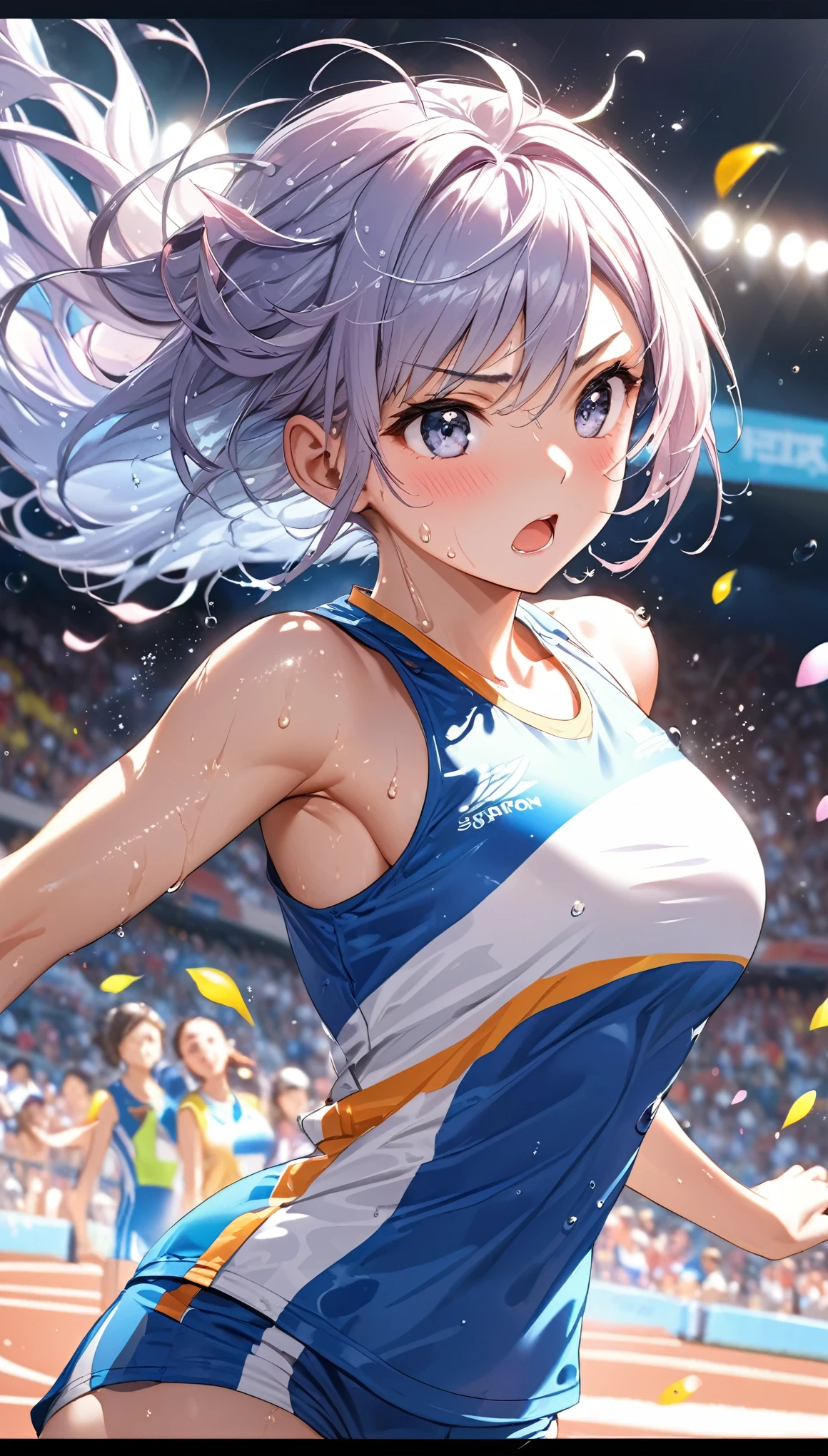 (Sports magazine cover photo), Highest quality, Great quality, 16K, Unbelievably absurd, Very detailed, delicate and dynamic, Natural light, The particles reflect light, Diffuse reflection of light, Many rainbow-colored petals fall, Beautiful truck studium, Sparkling Sun, Diffuse reflection of light, Create amazing image effects, , Wet, sweating, high jump competition, Close-up(Cute sexy girl, big bouncing busts, Sensual expression, Cool girl, Serious, passion, Dynamic, Flashy track and field uniform, audience , much-air-laden cheer)