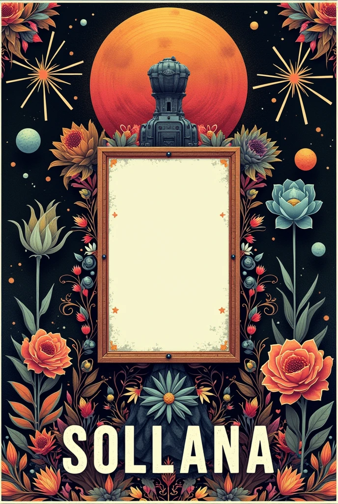 create a poster that says "MACRODISCOMOBIL SOLLANA". In the center of the poster there should be a white box to put the name of the DJs who will play at this techno event.. So the poster must be inspired by a hardcore world like BOSCO&#39;s Garden of Earthly Delights. But the most important thing is that it is written in letters "MACRODISCOMOBIL SOLLANA"