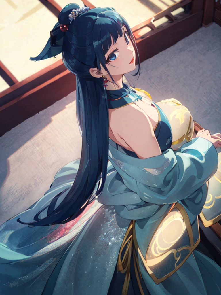 anime girl, long navy blue hair, beautiful deep blue eyes, beautiful face, skintight blue chinese dress with patterns, bare legs, by the window at night with stars and a moon outside, 8k, good anatomy, high resolution