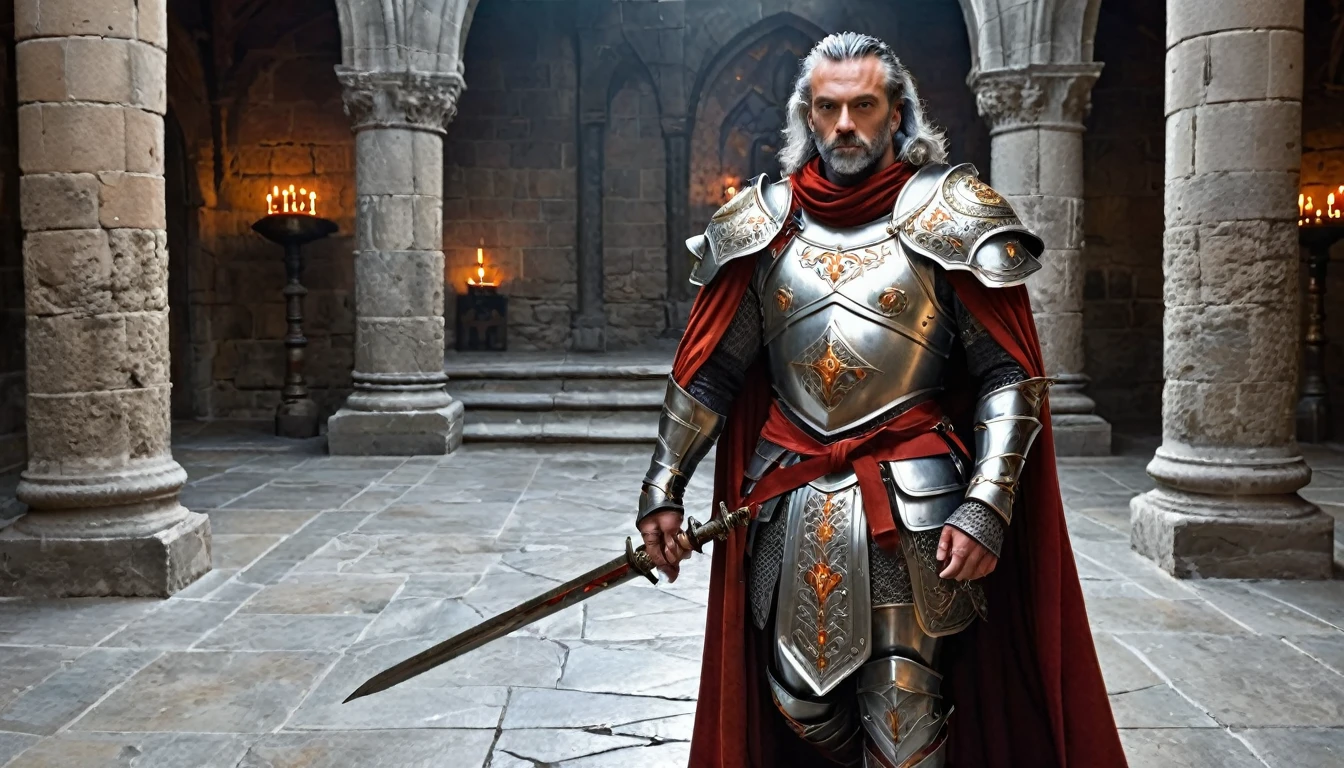 ((masterpiece, The silver armor is intricately decorated and not intended for combat.,Gorgeous filigree armor, Detailed fantasy armor)), Inside a stone building, Stone slabs scattered on the floor, A muscular man in armor walking towards the front, dim, Gray Hair, Candles along the walls light up the room., He holds a large, twisted, dark red rapier in his hand., Wearing a dirty cloak, He wears a dirty dark red loincloth under his armor.,There are three small orange gems on the chest., He wears a large, decorated white shoulder pad.、Has dark orange fur under the shoulder pads