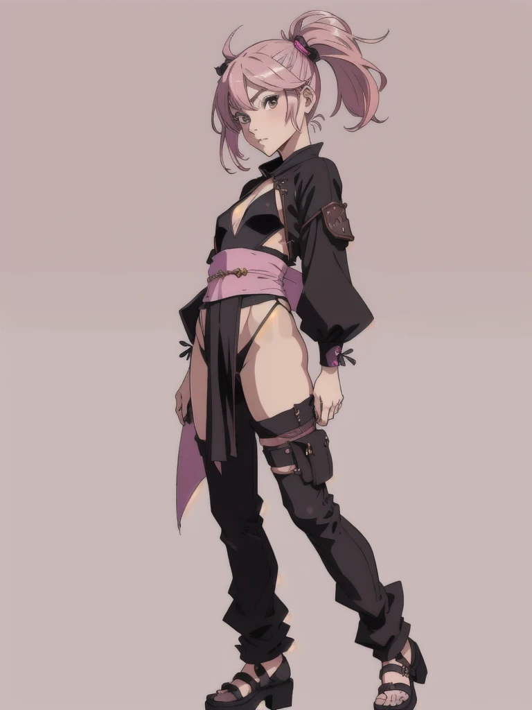 (masterpiece), (best quality),(portrait),1girl,solo,(sharp focus),(look at viewer), sazanami, two side up, pink hair, flat chest, full body view,ancient long clothes,black outfit,rogue outfit,old school fantasy art,((simple background)),(gray background),