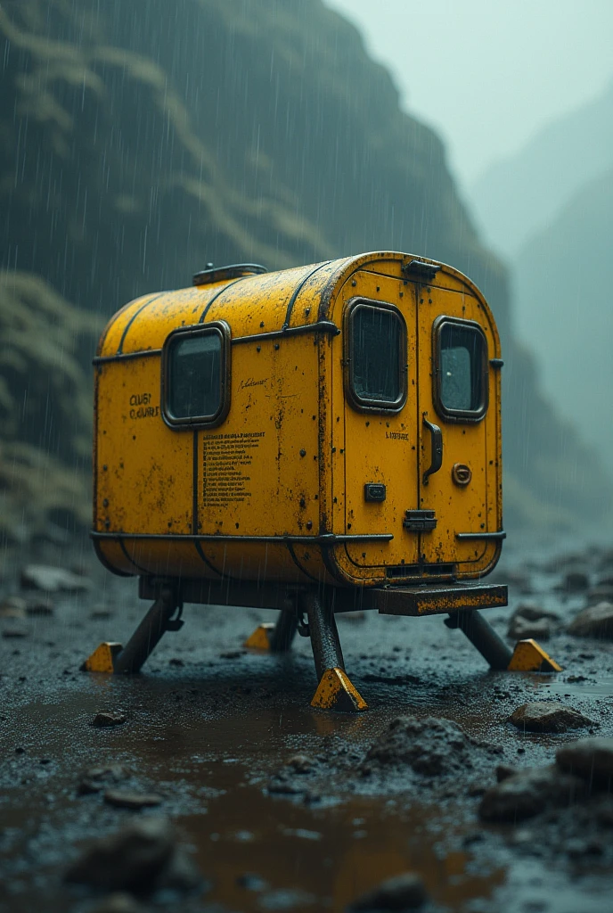 A small yellow spaceship landed on a planet,Small box-shaped spaceship,The small spaceship gets soaked in the downpour,It&#39;s dark all around,The surface of the spacecraft is riveted,There is writing on it,The windows are small and round.,Landing gear,