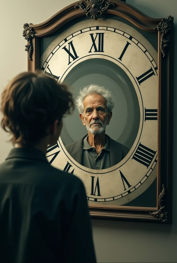 Imagine A person looking into a mirror with their older self reflected back, with a swirling clock overlaying the mirror.

