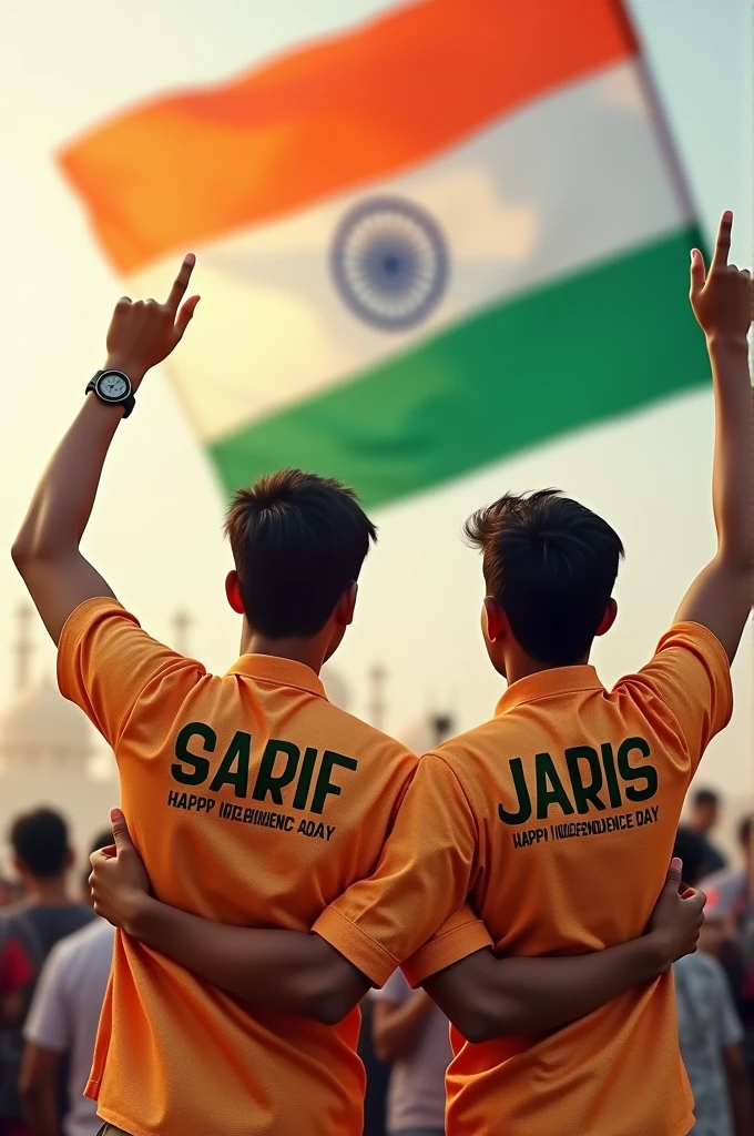 "indian flag There hands "
Two "AI" 20-year-old boys friends enjoy celebrates Indian Independence day ! There indian traditional shart with the name "SARIF " "JARJIS " written on "Happy Independence Day" 15 august 2024 "!