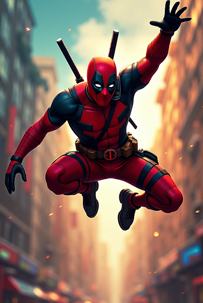 Dedpool jumping and background full of colors