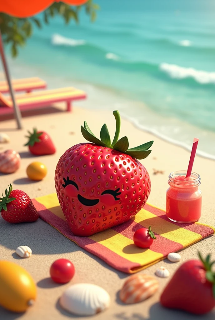 Strawberry with a face lying on a towel sunbathing on the beach with a jar of jam next to it, with some shells in the sand, an umbrella drinking a Milkeis and with an umbrella and with different fruits around it