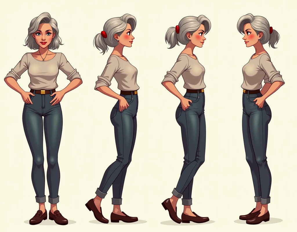 reference image, character design model sheet, multiple views, full body, 55 years old female, comely, side view, front view, profile view, frontal view, visual novel character, main love interest from the much younger male lead, retro, fantasy setting