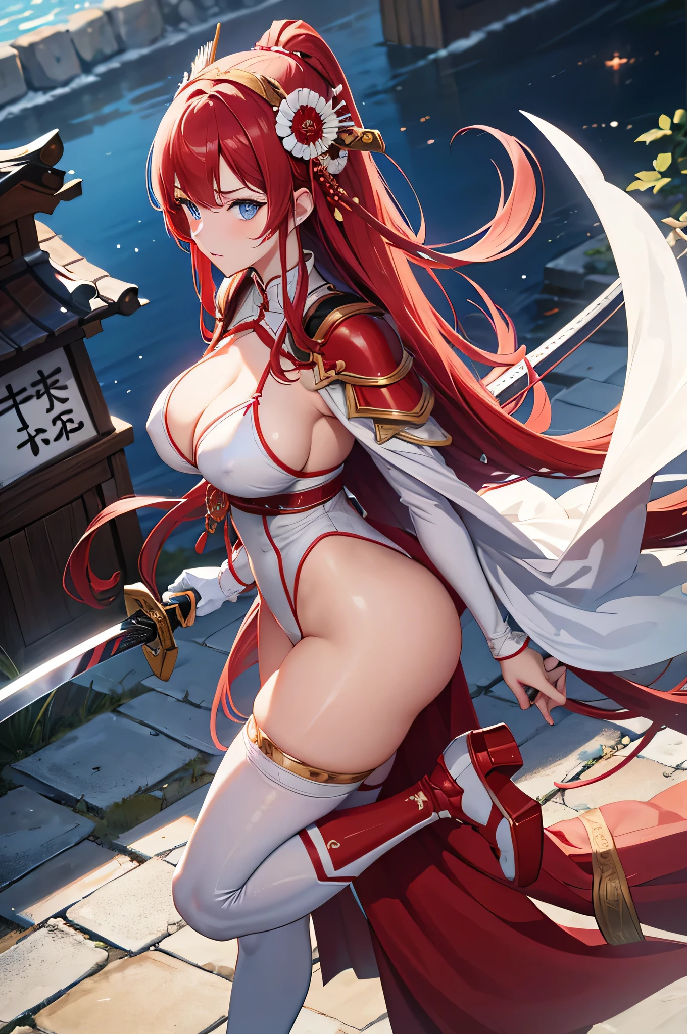 4K,High resolution,One Woman,Red Hair,long hair,Blue Eyes,Big Breasts,samurai,White high leg leotard,Sideboob,Red armor,White gloves,White shoes,hair band,Jewelry decoration,Japanese sword,Medieval town