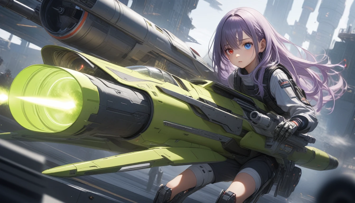 Ultra-realism, highest quality, detailed, 4K, RAW Photos, masterpiece, (gunner), Mysterious Girl, (Long Hair, White-purple gradation:1.3), Detailed down to the last detail, cyborg, BREAK, (Heterochromia of the iris:1.3, blue eyes, Red Eye,) BREAK, (Yellow body:1.2), Red accents, Indifference, Indifference, kid, BREAK, (equip sophisticated weapons:1.2), , BREAK, ((Pilot a fluorescent green space jet)), Boarding in a forward-leaning position, Sophisticated mobile weapon of the future, Missile-like, Sharp and long from front to back, BREAK, Ready your weapon, Wide-angle full-body shot, Dynamic perspective,
