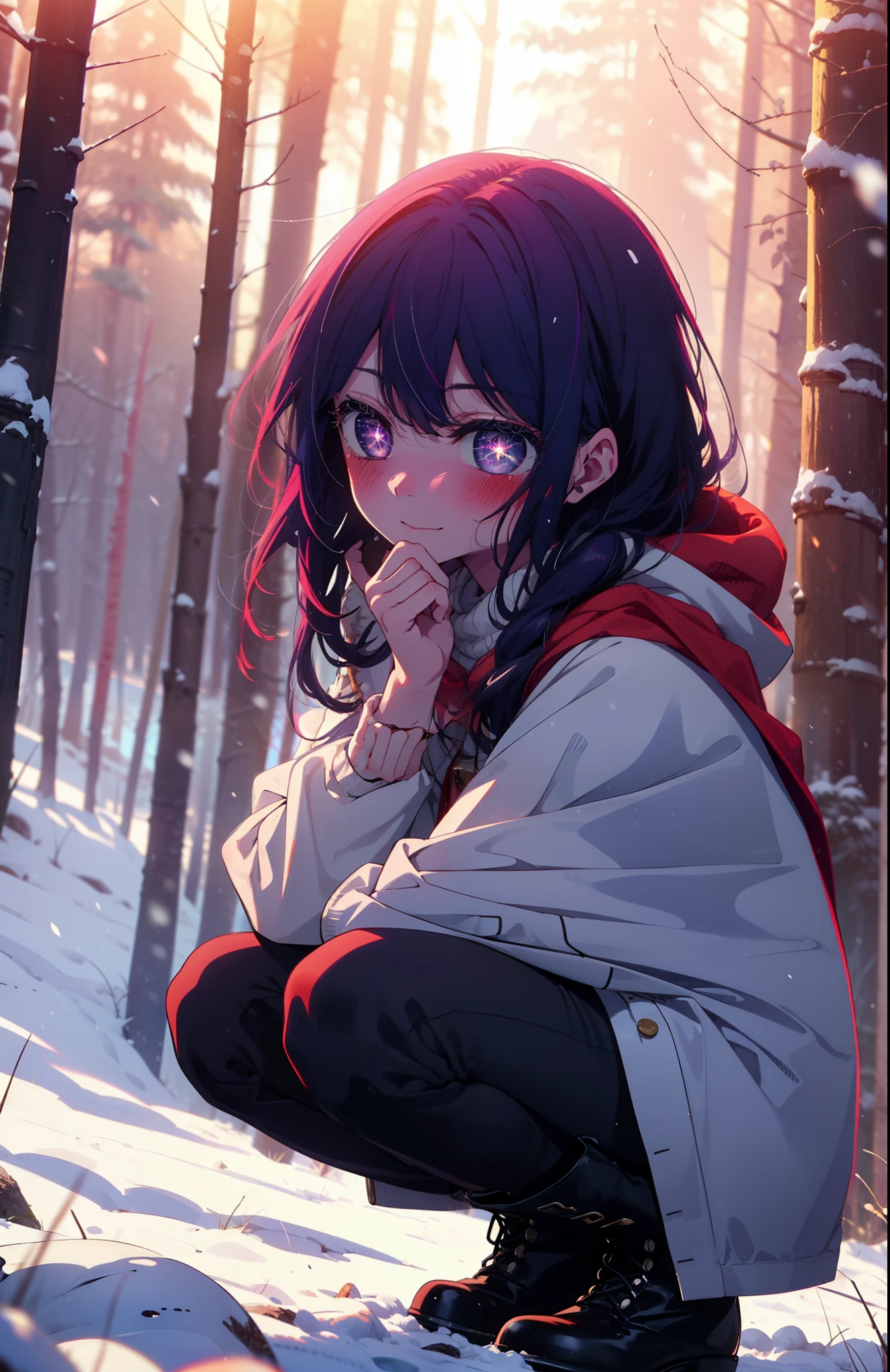 aihoshino, Ai Hoshino, Long Hair, bangs, (Purple eyes:1.1), Purple Hair, (Symbol-shaped pupil:1.5), smile,,smile,blush,white breath,
Open your mouth,snow,Ground bonfire, Outdoor, boots, snowing, From the side, wood, suitcase, Cape, Blurred, , forest, White handbag, nature, Squat, Mouth closed, Cape, winter, Written boundary depth, Black shoes, red Cape break looking at viewer, Upper Body, whole body, break Outdoor, forest, nature, break (masterpiece:1.2), Highest quality, High resolution, unity 8k wallpaper, (shape:0.8), (Beautiful and beautiful eyes:1.6), Highly detailed face, Perfect lighting, Highly detailed CG, (Perfect hands, Perfect Anatomy),