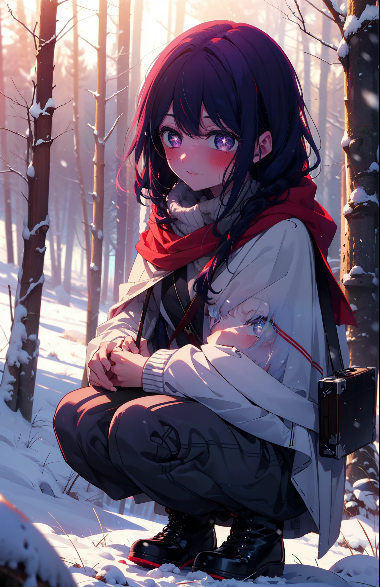 aihoshino, Ai Hoshino, Long Hair, bangs, (Purple eyes:1.1), Purple Hair, (Symbol-shaped pupil:1.5), smile,,smile,blush,white breath,
Open your mouth,snow,Ground bonfire, Outdoor, boots, snowing, From the side, wood, suitcase, Cape, Blurred, , forest, White handbag, nature,  Squat, Mouth closed, Cape, winter, Written boundary depth, Black shoes, red Cape break looking at viewer, Upper Body, whole body, break Outdoor, forest, nature, break (masterpiece:1.2), Highest quality, High resolution, unity 8k wallpaper, (shape:0.8), (Beautiful and beautiful eyes:1.6), Highly detailed face, Perfect lighting, Highly detailed CG, (Perfect hands, Perfect ???????),