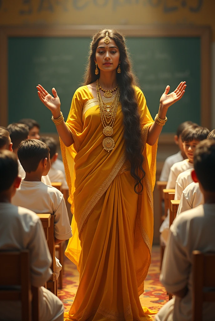 God Saraswati Devi blessing to new generation students in class room and 8k ultra and most clearty image and detailed background students with white dress traditional dress and Saraswati Devi with gold colour saree and gold jewellery