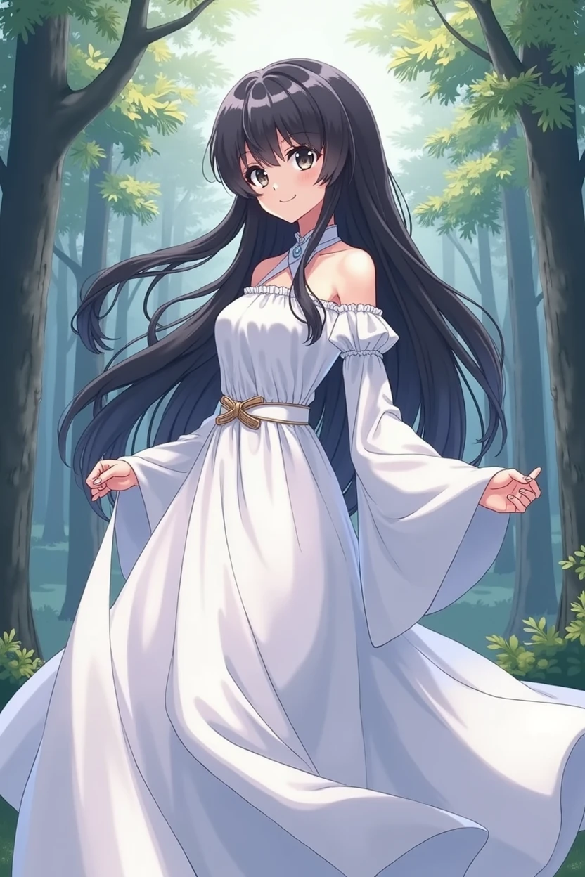 A anime princess having black eye and wearing long white dress